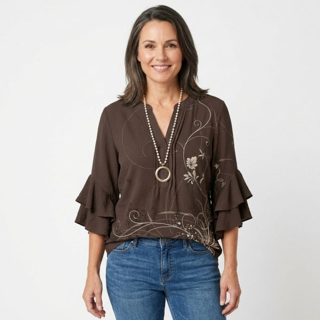 Women's Floral Ruffle Sleeve Blouse with V-Neck