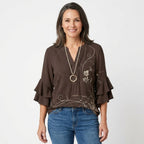 Women's Floral Ruffle Sleeve Blouse with V-Neck