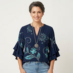 Women's Floral Ruffle Sleeve Blouse with V-Neck