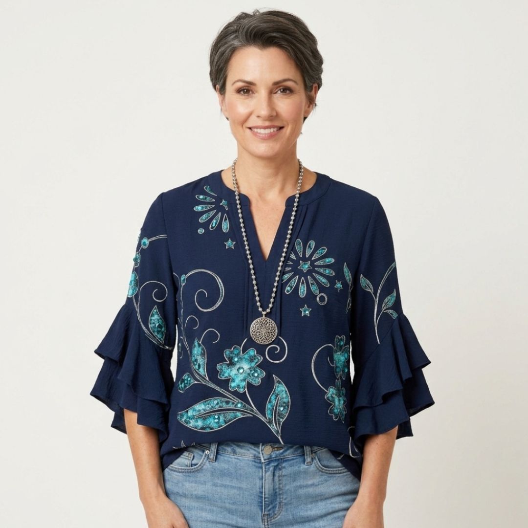 Women's Floral Ruffle Sleeve Blouse with V-Neck