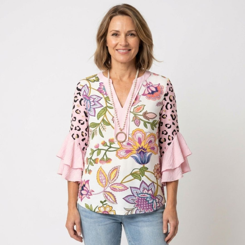Women's Floral Ruffle Sleeve Blouse with V-Neck