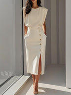 Women's Formal Evening Midi Dress with Gold Button Detail and Pockets