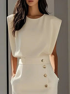 Women's Formal Evening Midi Dress with Gold Button Detail and Pockets