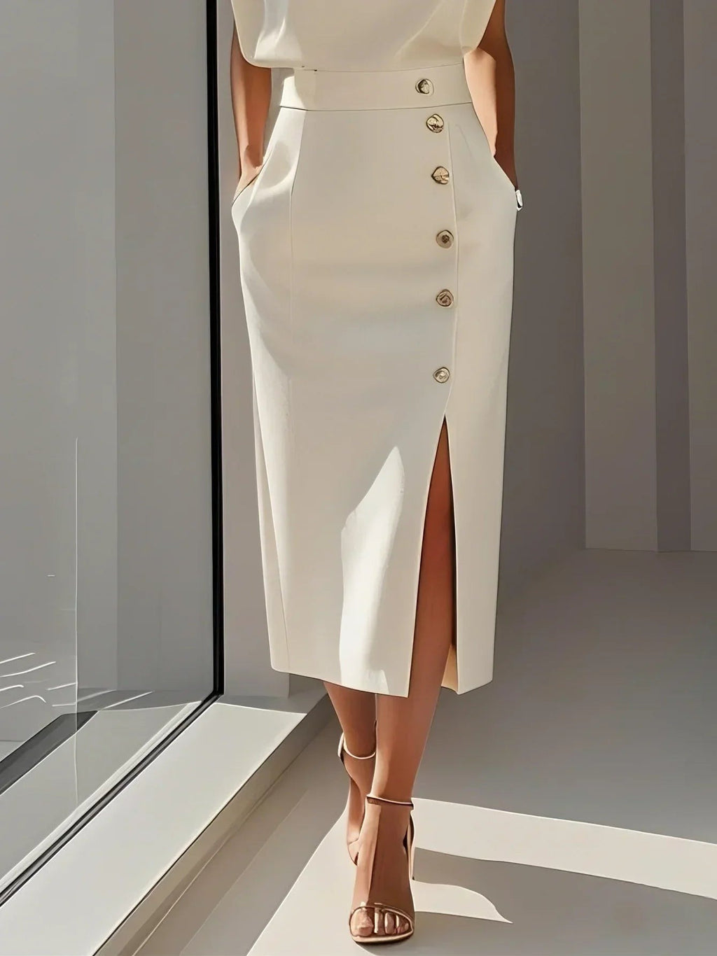 Women's Formal Evening Midi Dress with Gold Button Detail and Pockets