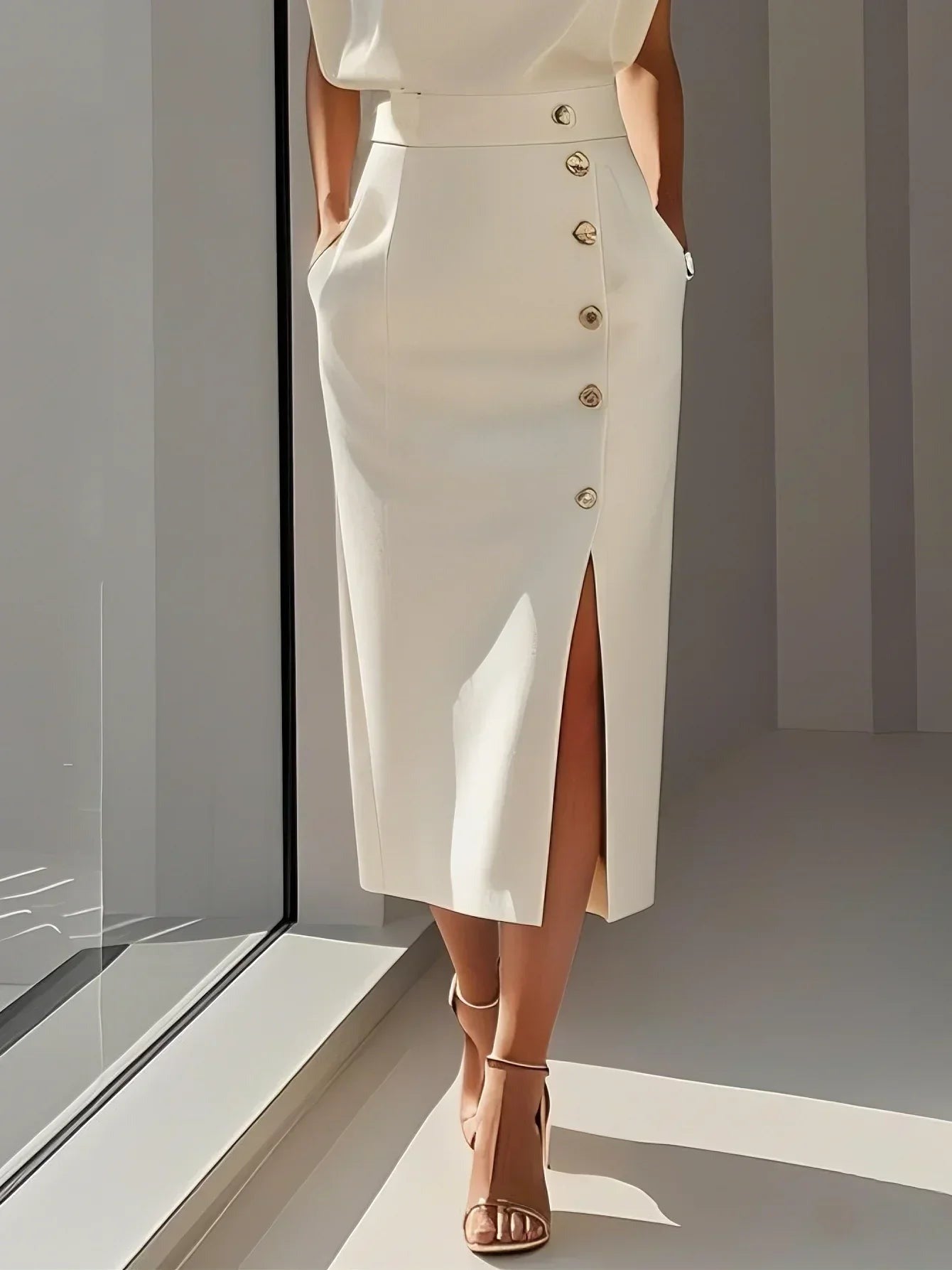 Women's Formal Evening Midi Dress with Gold Button Detail and Pockets