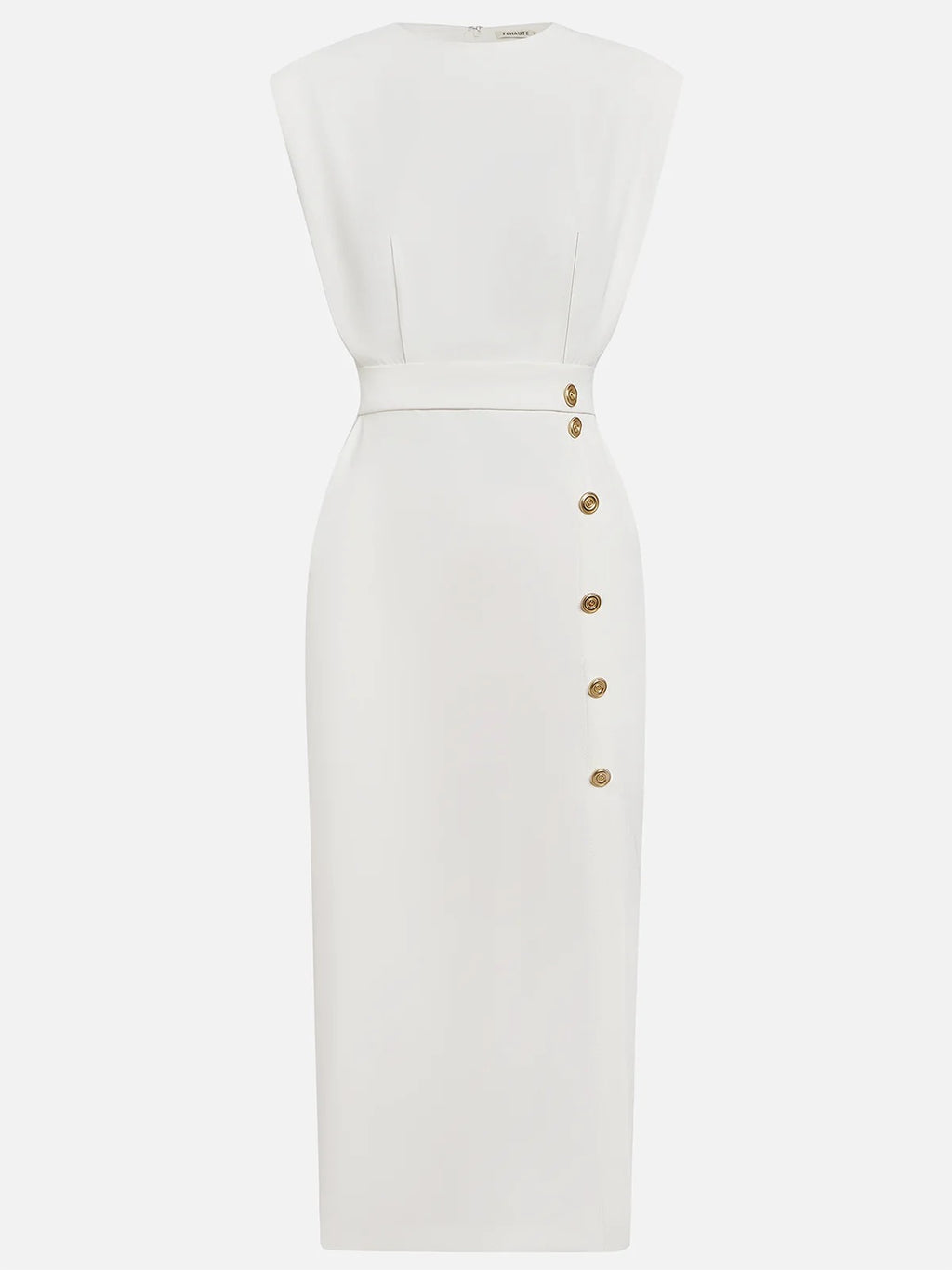 Women's Formal Evening Midi Dress with Gold Button Detail and Pockets