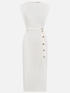 Women's Formal Evening Midi Dress with Gold Button Detail and Pockets