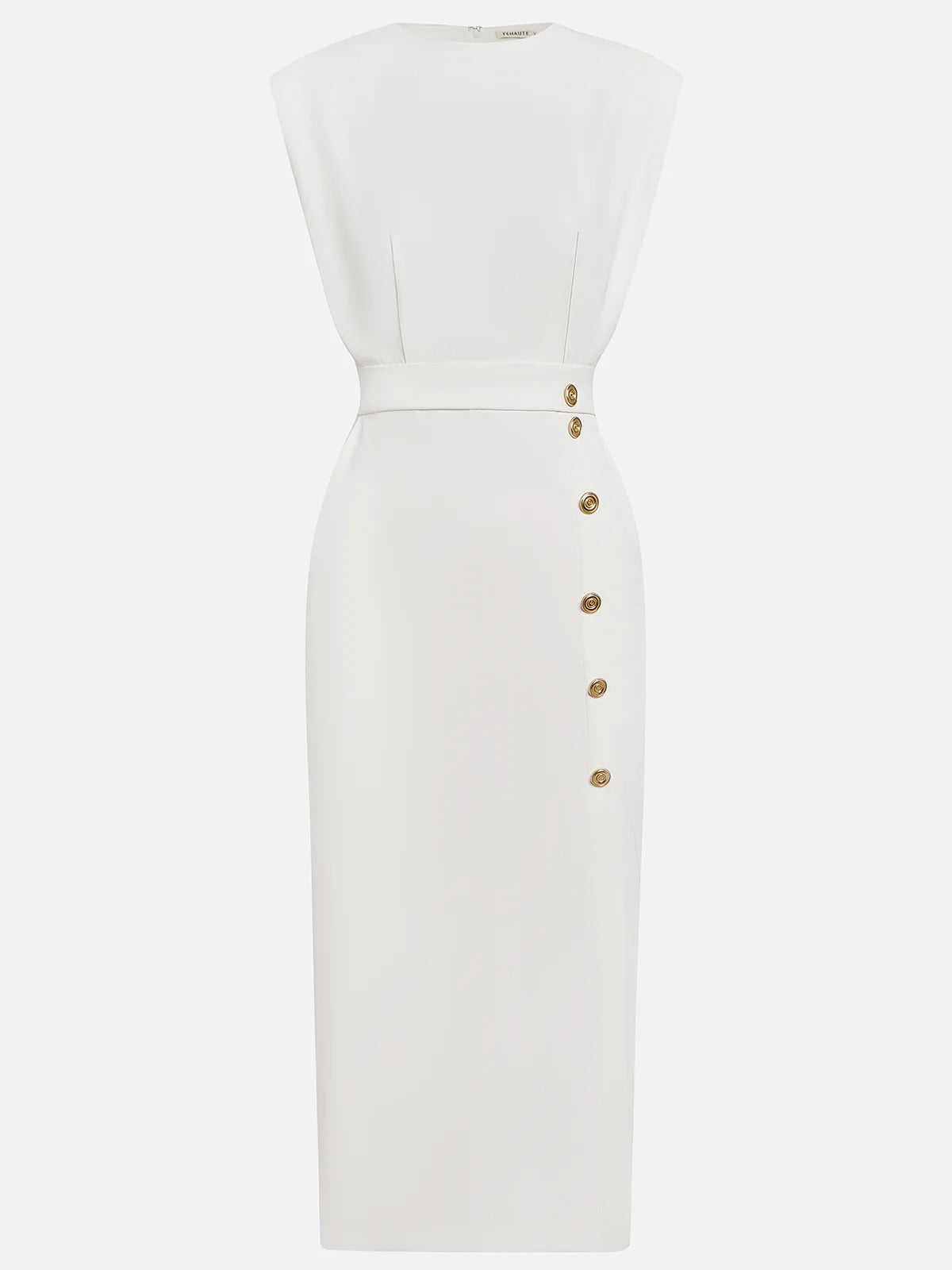 Women's Formal Evening Midi Dress with Gold Button Detail and Pockets