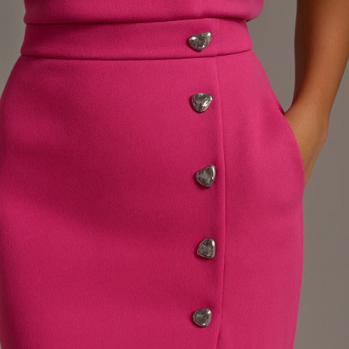Women's Formal Evening Midi Dress with Gold Button Detail and Pockets
