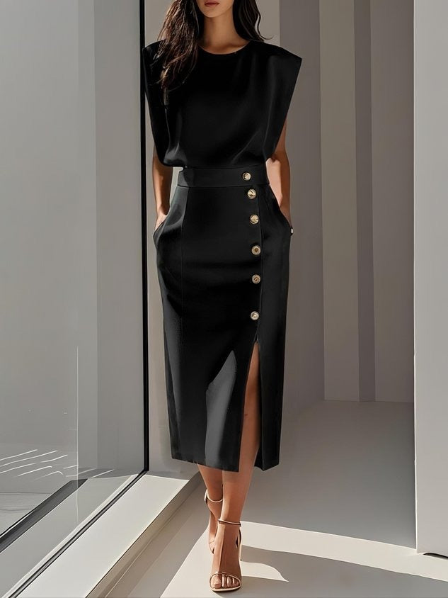 Women's Formal Evening Midi Dress with Gold Button Detail and Pockets