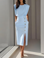 Women's Formal Evening Midi Dress with Gold Button Detail and Pockets