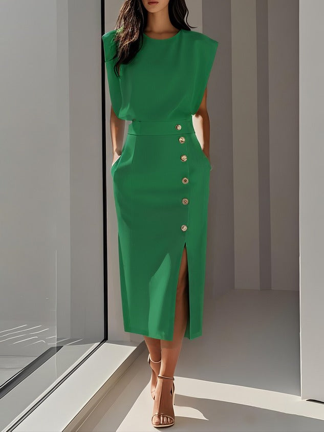 Women's Formal Evening Midi Dress with Gold Button Detail and Pockets