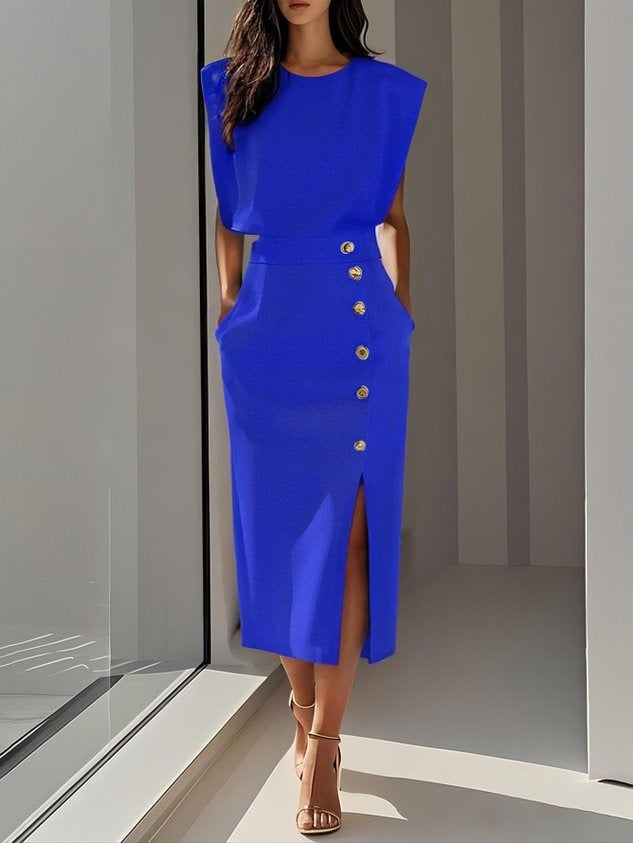 Women's Formal Evening Midi Dress with Gold Button Detail and Pockets