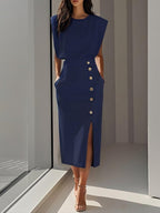 Women's Formal Evening Midi Dress with Gold Button Detail and Pockets