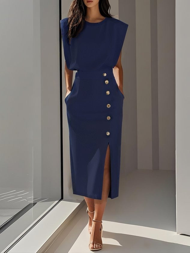 Women's Formal Evening Midi Dress with Gold Button Detail and Pockets