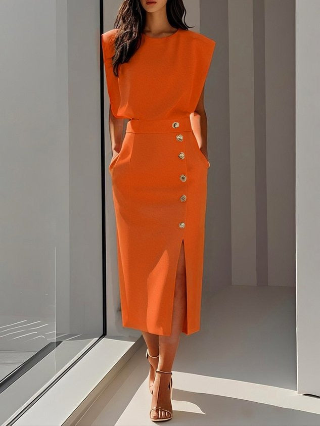 Women's Formal Evening Midi Dress with Gold Button Detail and Pockets