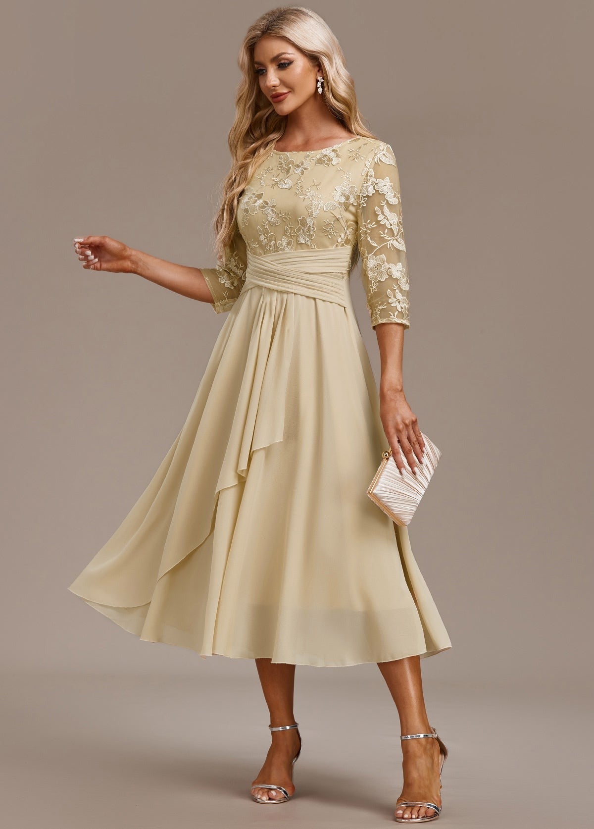 Women's Formal Floral Midi Dress with Embroidered Overlay