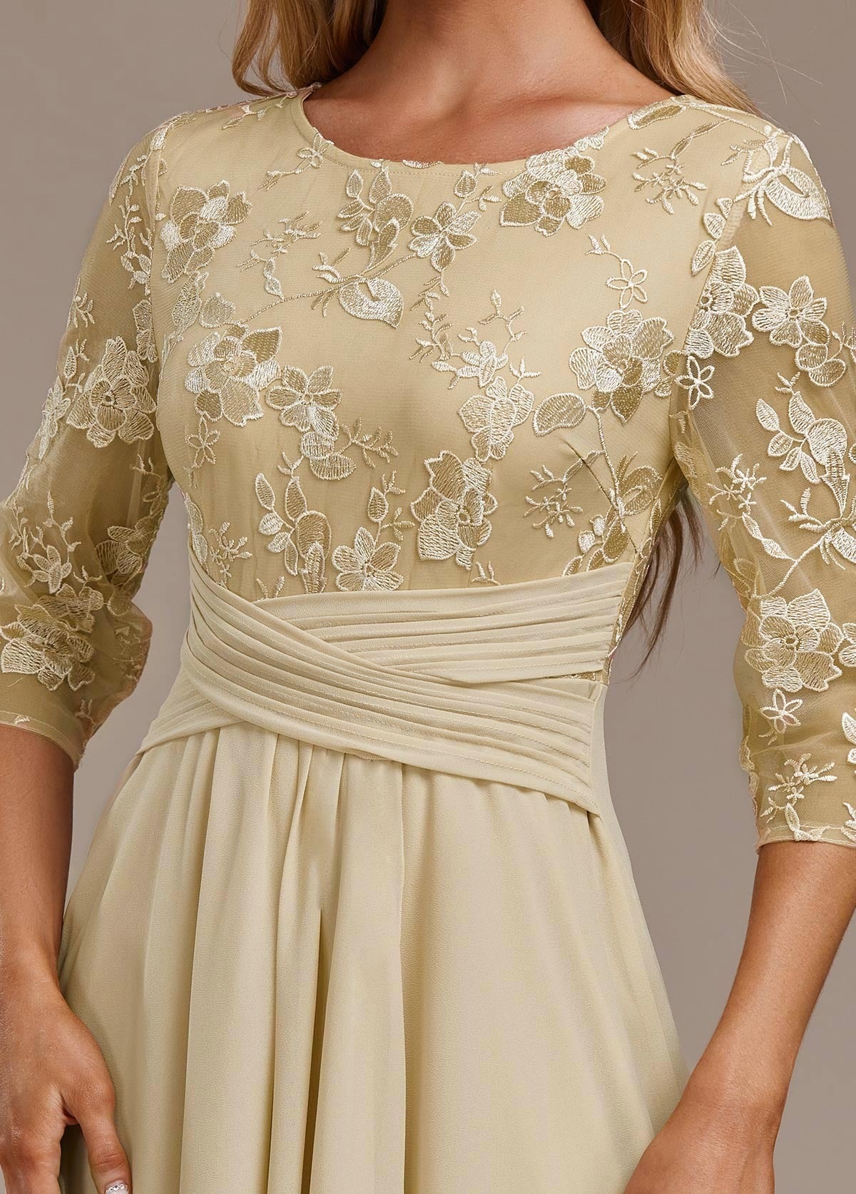 Women's Formal Floral Midi Dress with Embroidered Overlay
