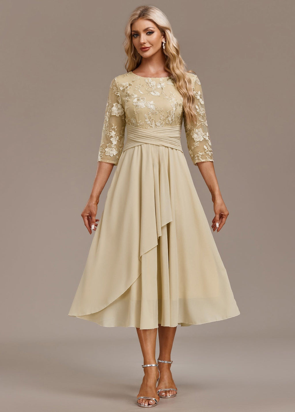 Women's Formal Floral Midi Dress with Embroidered Overlay