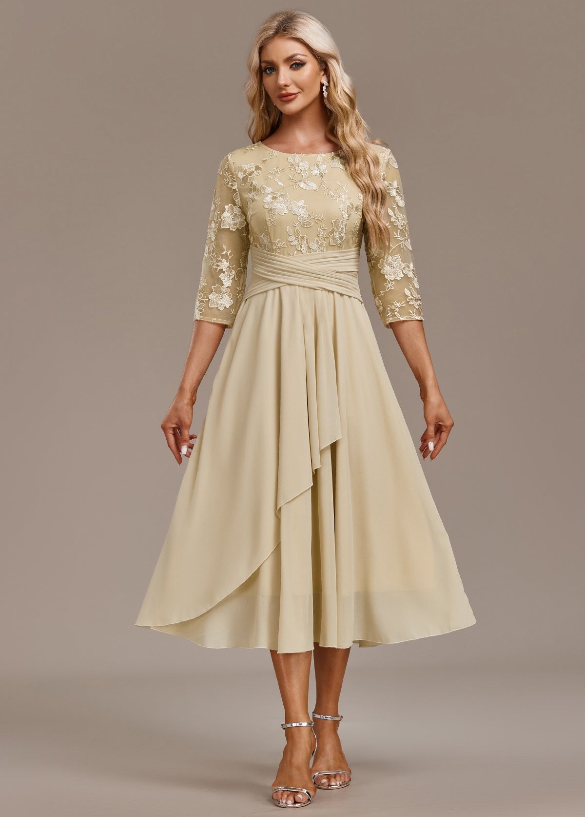 Women's Formal Floral Midi Dress with Embroidered Overlay