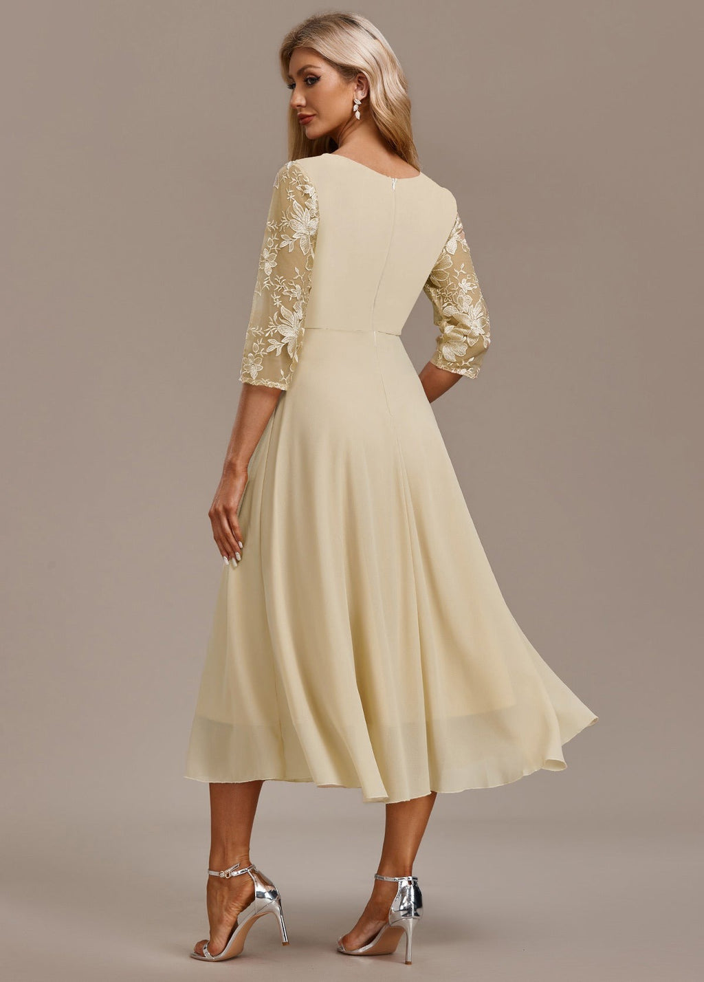 Women's Formal Floral Midi Dress with Embroidered Overlay