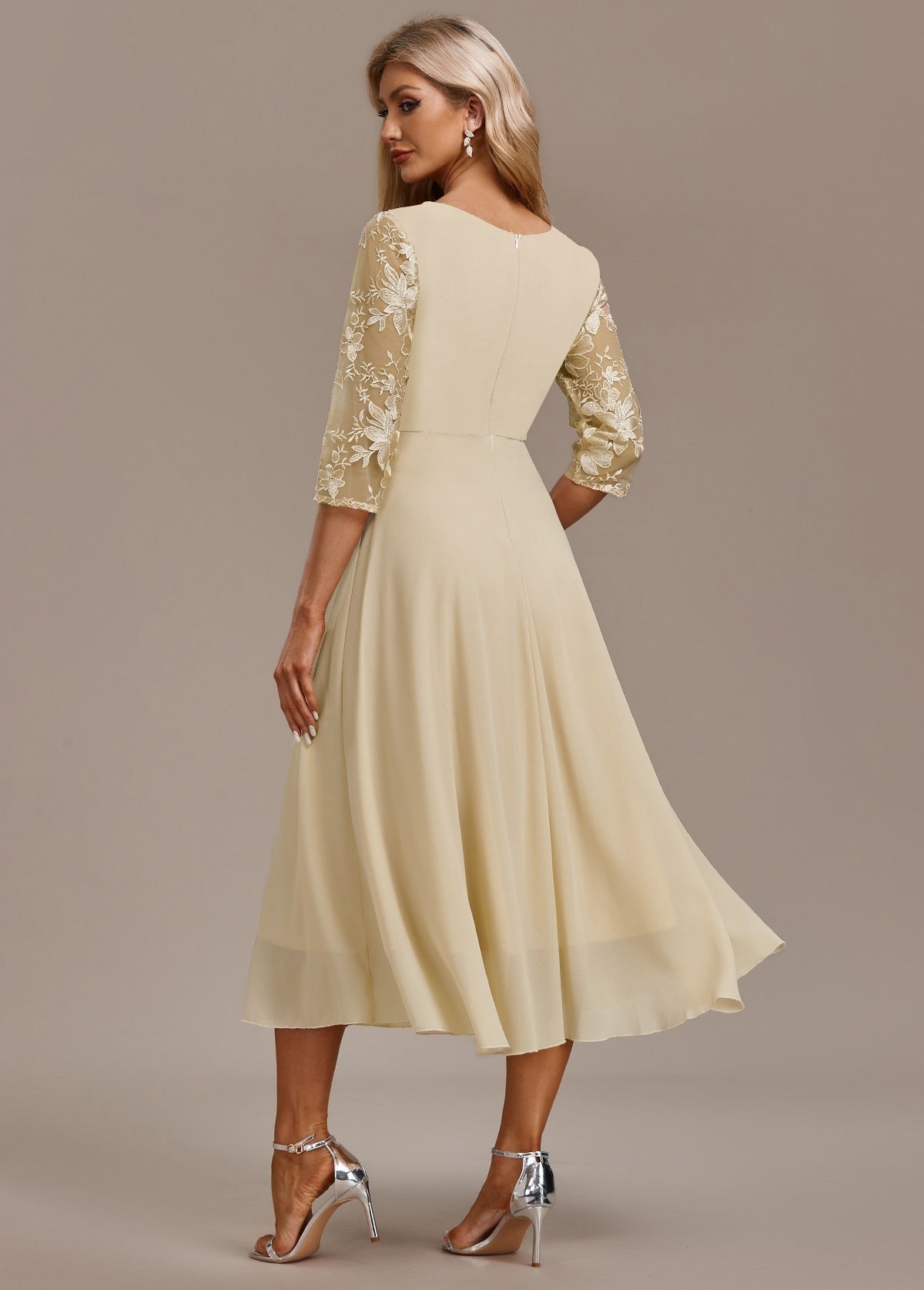 Women's Formal Floral Midi Dress with Embroidered Overlay
