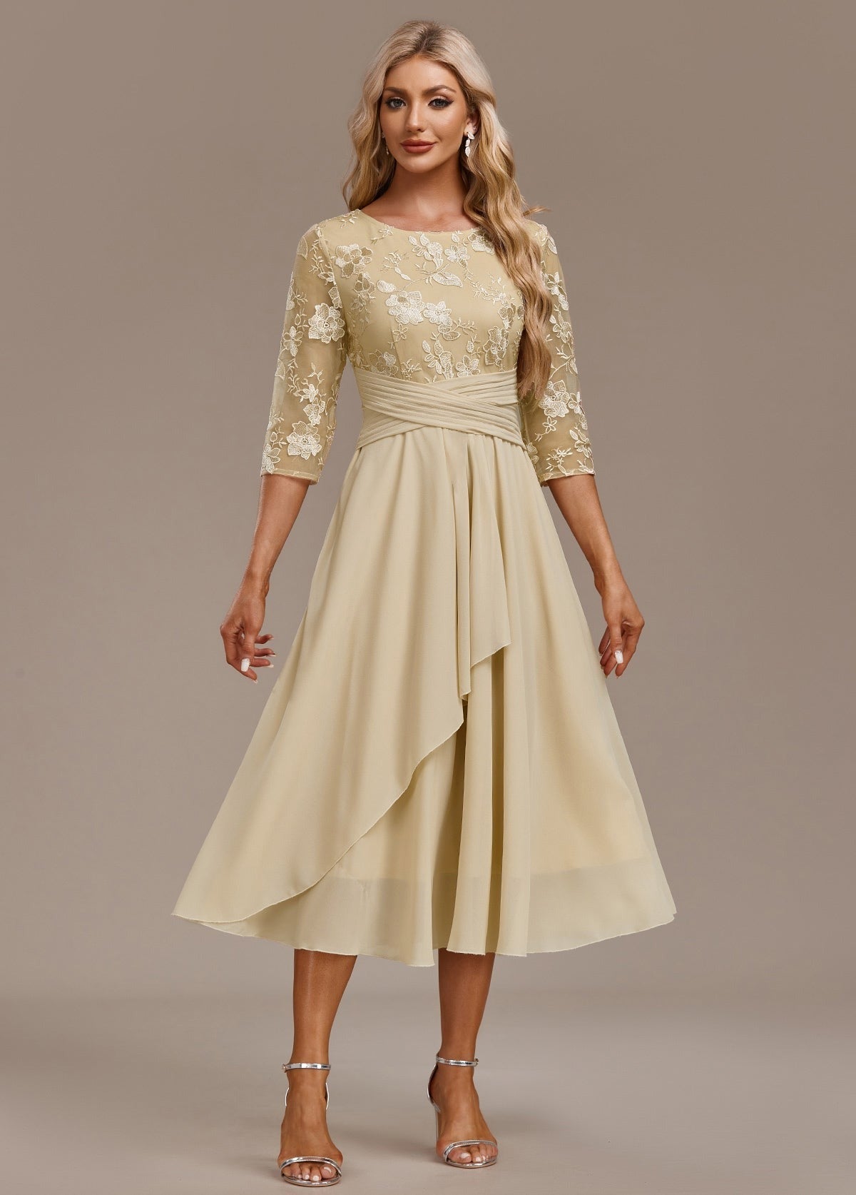 Women's Formal Floral Midi Dress with Embroidered Overlay