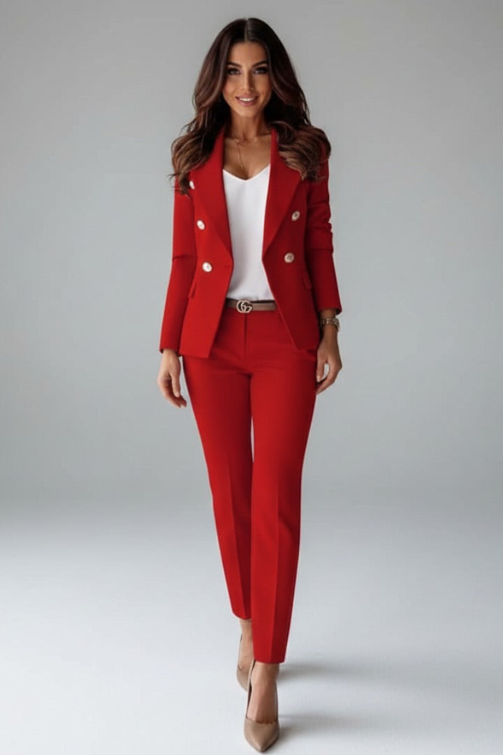 Women's Formal Two Piece Trouser Suit with Gold Button Blazer