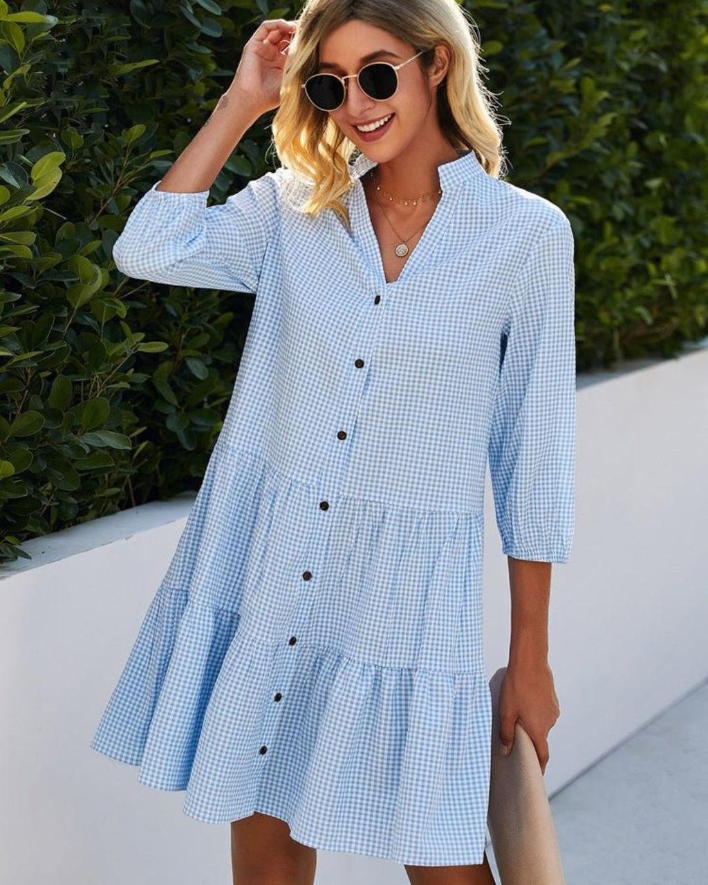 Women's Gingham Check Shirt Dress with Button Front and Tiered Ruffle Hem