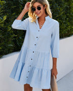 Women's Gingham Check Shirt Dress with Button Front and Tiered Ruffle Hem