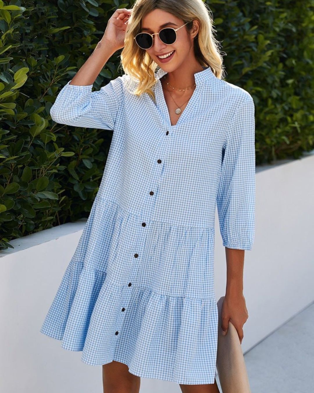 Women's Gingham Check Shirt Dress with Button Front and Tiered Ruffle Hem