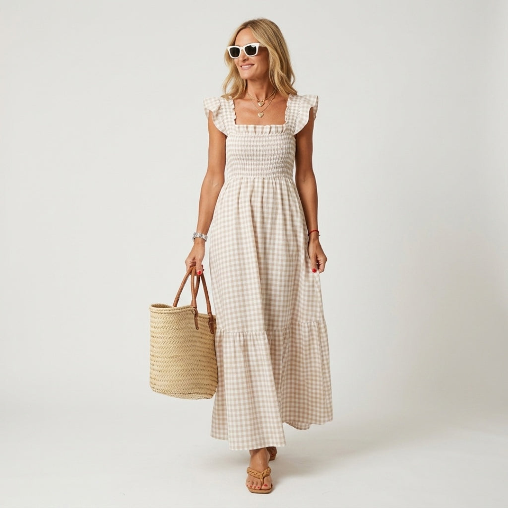 Women's Gingham Summer Maxi Dress with Ruffle Strap