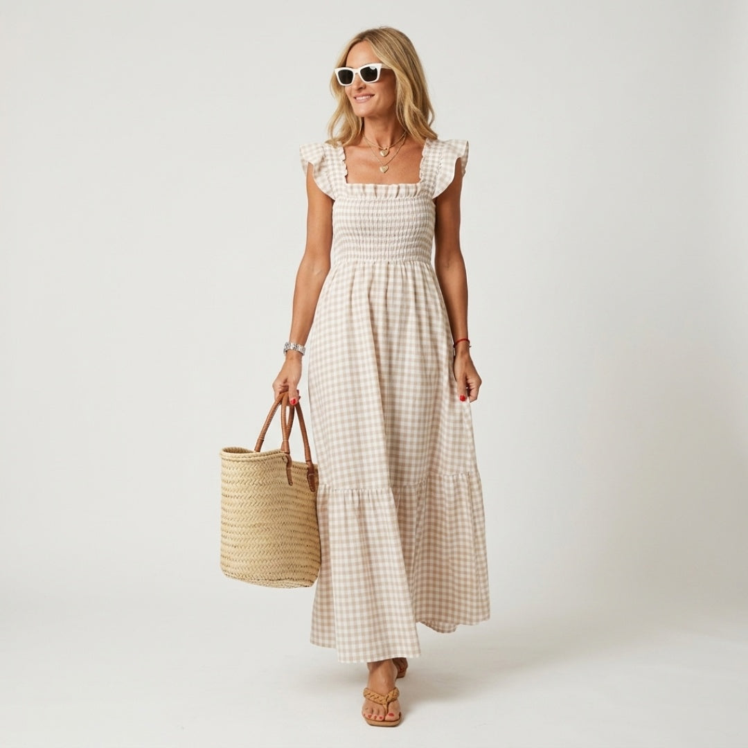 Women's Gingham Summer Maxi Dress with Ruffle Strap