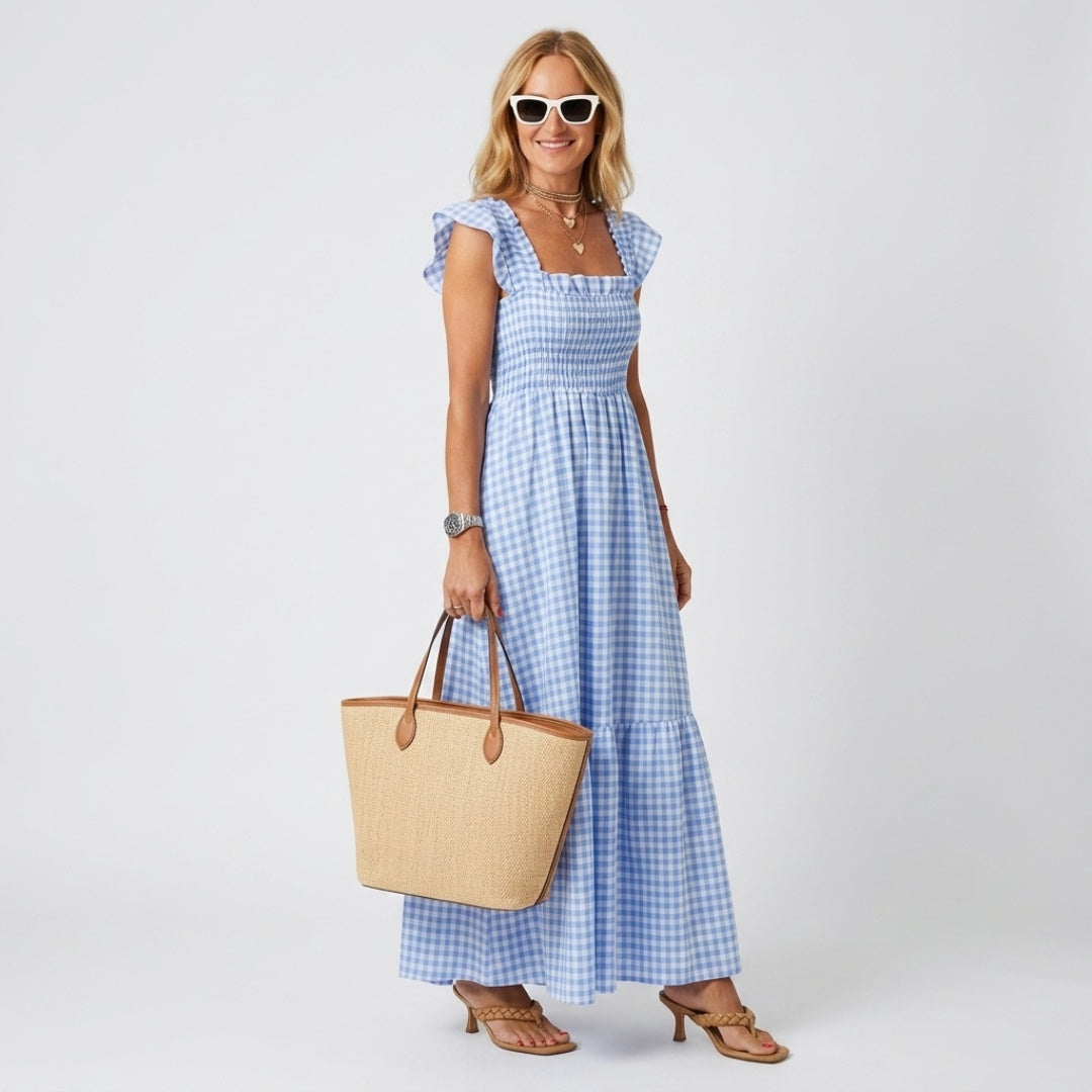 Women's Gingham Summer Maxi Dress with Ruffle Strap