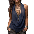 Women's Halter Neck Backless Blouse with Cowl Neck and Open Back