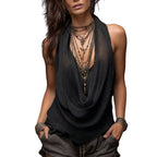 Women's Halter Neck Backless Blouse with Cowl Neck and Open Back