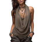 Women's Halter Neck Backless Blouse with Cowl Neck and Open Back