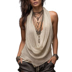 Women's Halter Neck Backless Blouse with Cowl Neck and Open Back