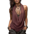 Women's Halter Neck Backless Blouse with Cowl Neck and Open Back