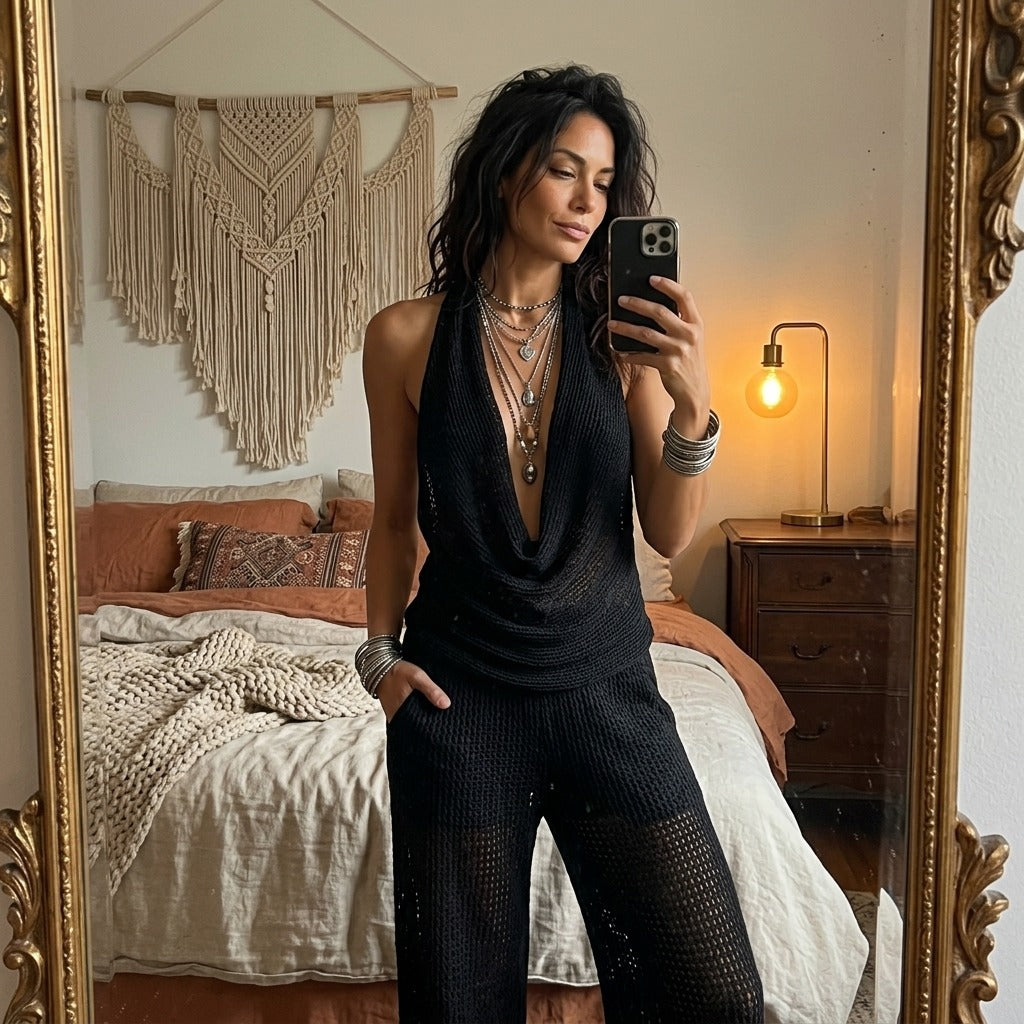 Women's Halter Neck Backless Blouse with Cowl Neck and Open Back