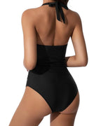 Women's Halter Neck One-Piece Swimsuit with Deep V-Neckline and Crossover Ruched Waist Panel