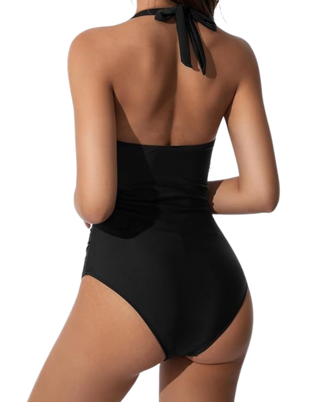 Women's Halter Neck One-Piece Swimsuit with Deep V-Neckline and Crossover Ruched Waist Panel