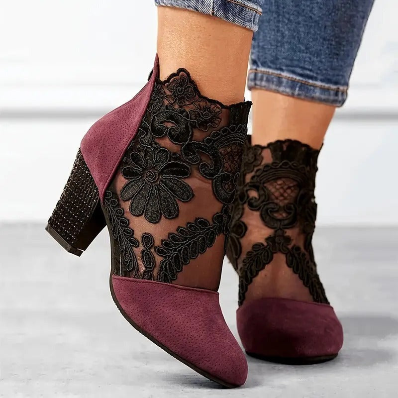 Women's Heeled Ankle Boots with Embroidered Overlay