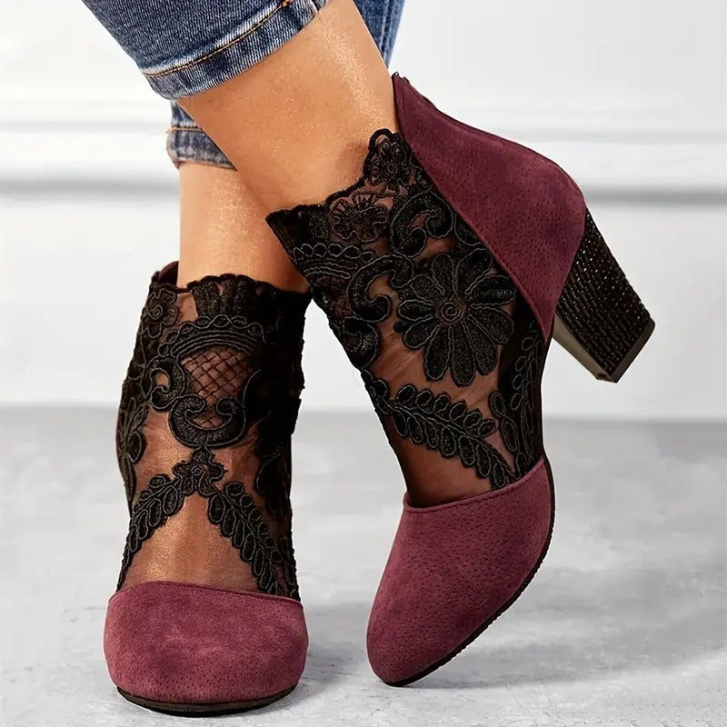 Women's Heeled Ankle Boots with Embroidered Overlay