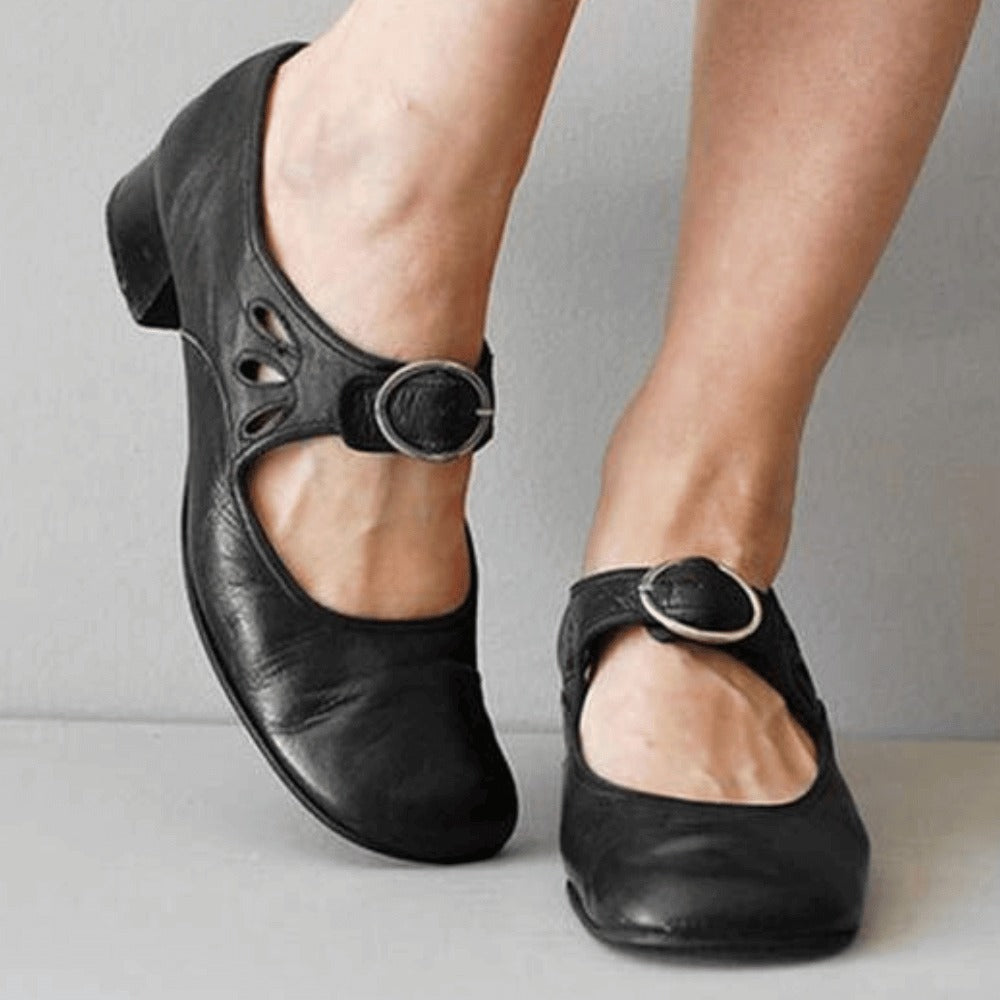 Women's Heeled Slip On Shoes with Buckle Strap and Cut-Out