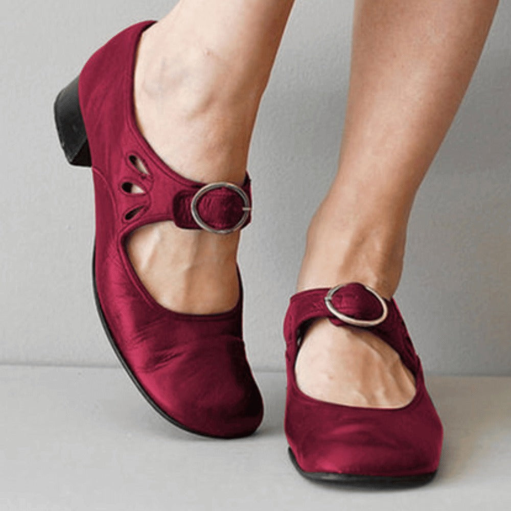 Women's Heeled Slip On Shoes with Buckle Strap and Cut-Out
