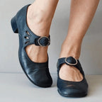 Women's Heeled Slip On Shoes with Buckle Strap and Cut-Out