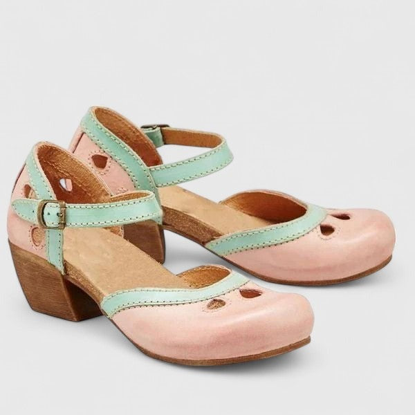 Women's Heeled Wedge Shoes with Ankle Strap and Cut-Out Detail