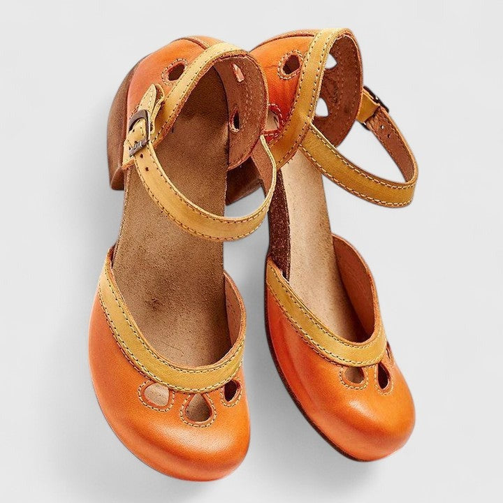 Women's Heeled Wedge Shoes with Ankle Strap and Cut-Out Detail