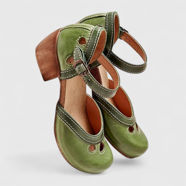Women's Heeled Wedge Shoes with Ankle Strap and Cut-Out Detail